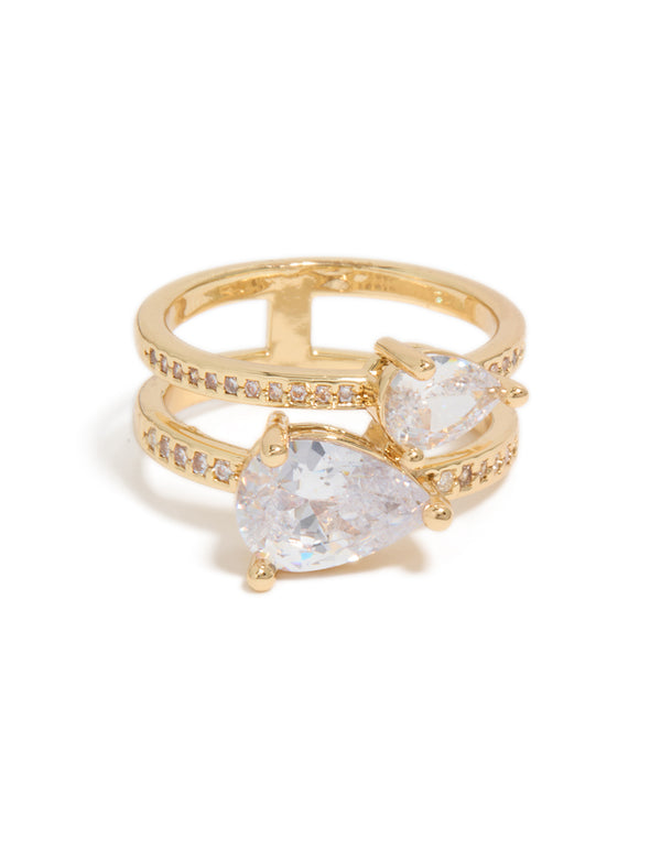 Presenting a gold plated double cubic zirconia split ring close up view