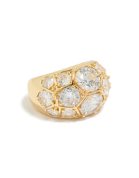 Showcasing a gold plated extra large diamantes ring with statement styling front view - link has visual effect only