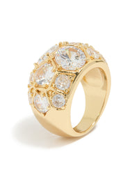 Featuring a gold plated extra large diamantes ring with statement design side detail view - link has visual effect only