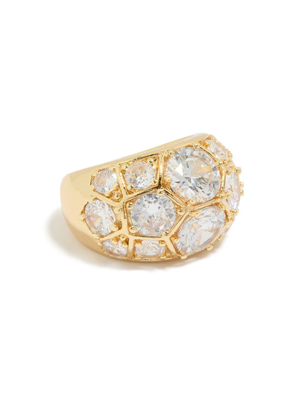 Showcasing a gold plated extra large diamantes ring with statement styling front view