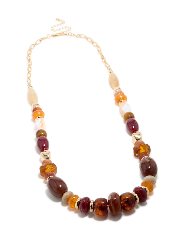 Gold Burgundy & Orange Resin Beaded Necklace