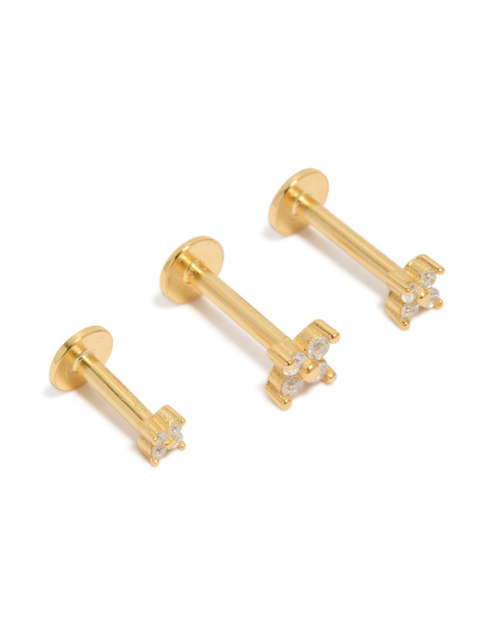 Gold Plated Sterling Silver Cubic Zirconia Flower Flat Back Studs 3-Pack
