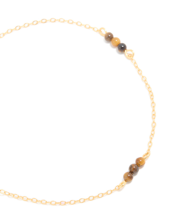 Gold Plated Sterling Silver Tigers Eye Semi Precious Stone Station Bracelet
