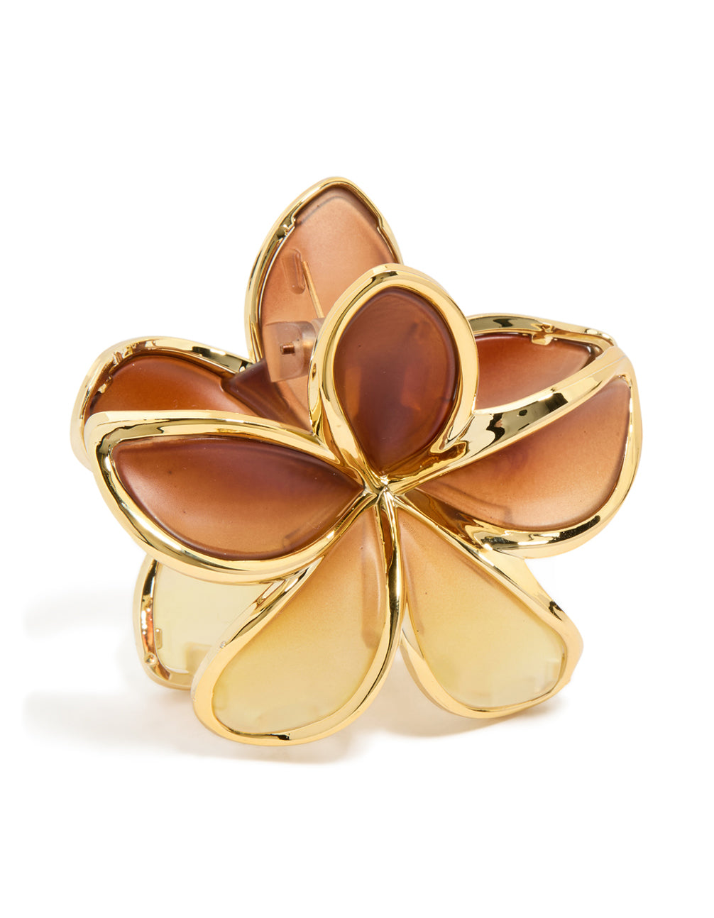 Showcasing a brown ombre frangipani flower claw clip with floral accents in gold, sienna, peru, and burlywood shades front view