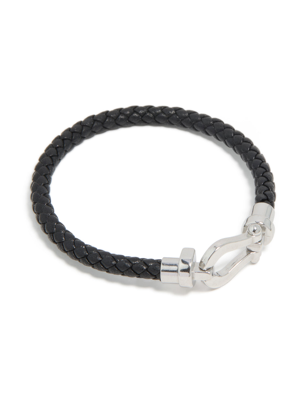 Crafted from waterproof stainless steel, this black PU leather braided chunky link bracelet features a silver clasp in front view