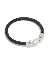 Waterproof Stainless Steel Black PU Leather Braided Chunky Link Bracelet - link has visual effect only