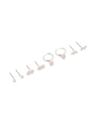 Silver Plated Brass Pink Cubic Zirconia Flower Stud & Hoop Earrings 4-Pack - link has visual effect only