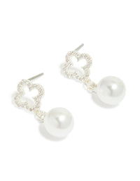 Silver Plated Cubic Zirconia Outline Flower & Pearl Earrings - link has visual effect only