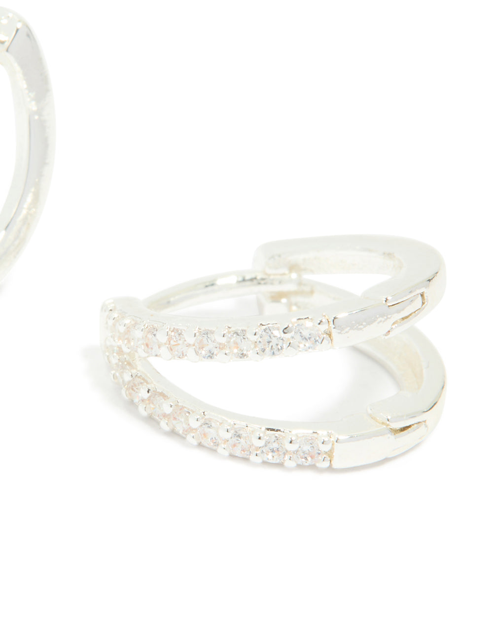 Crafted from dainty silver plated cubic zirconia double layered small earrings with huggie closure post detail view