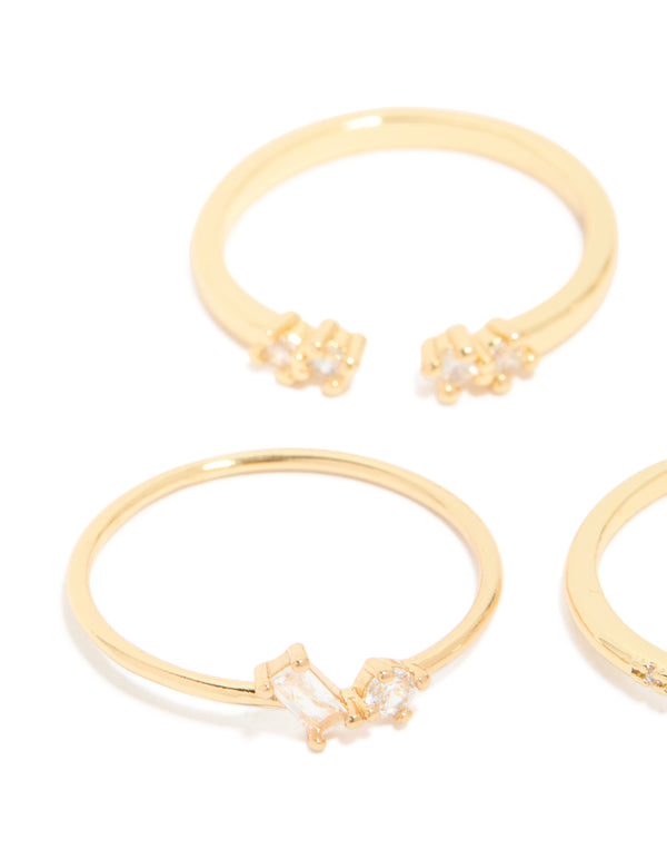 Featuring gold plated open rectangular cubic zirconia rings 5-pack close up view