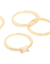 Highlighting gold plated open rectangular cubic zirconia rings 5-pack side detail view - link has visual effect only