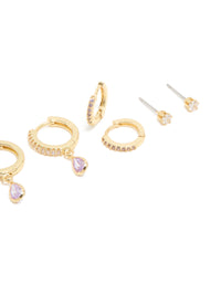 Gold Plated Brass Light Amethyst Cubic Zirconia June Birthstone Earrings 4-Pack - link has visual effect only