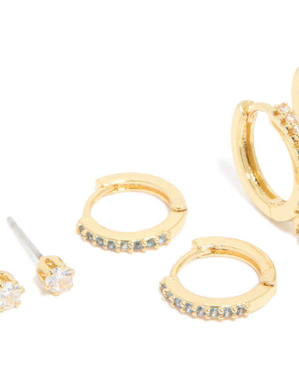 Gold Plated Brass Aquamarine Cubic Zirconia March Birthstone Earrings 4-Pack