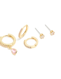 Gold Plated Brass Pink Tourmaline October Birthstone Earrings 4-Pack - link has visual effect only