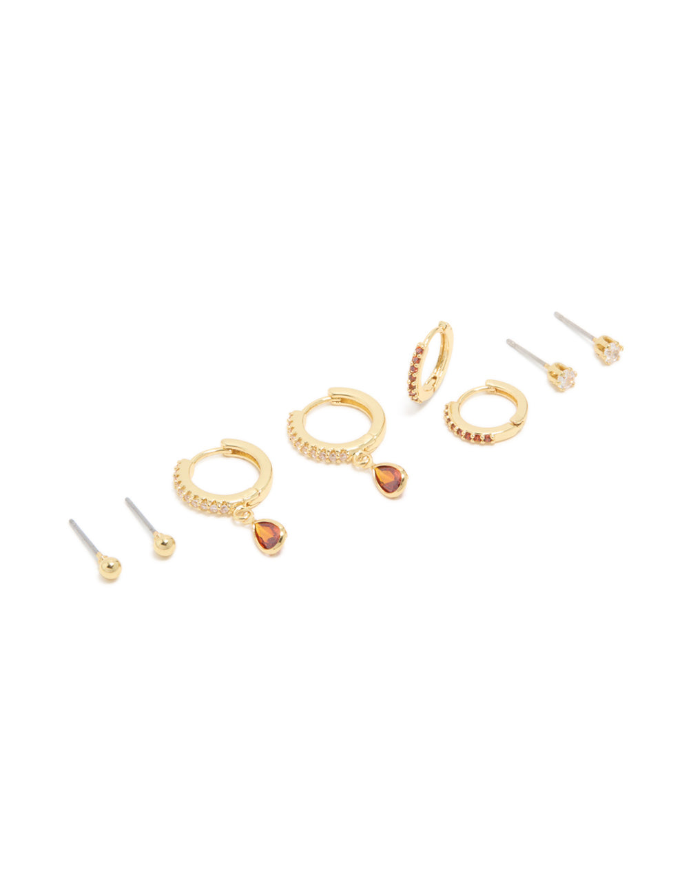 Discover this charm gold plated brass ruby cubic zirconia July birthstone 4-pack earrings featuring crystal with stud, huggie and hoop closures in dark orange and clear front view