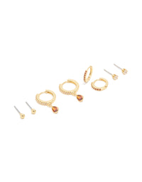 Gold Plated Brass Ruby Cubic Zirconia July Birthstone Earrings 4-Pack - link has visual effect only
