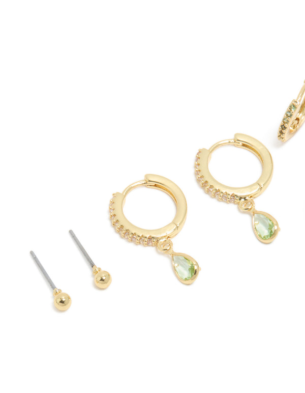 Gold Plated Brass Peridot Cubic Zirconia August Birthstone Earrings 4-Pack