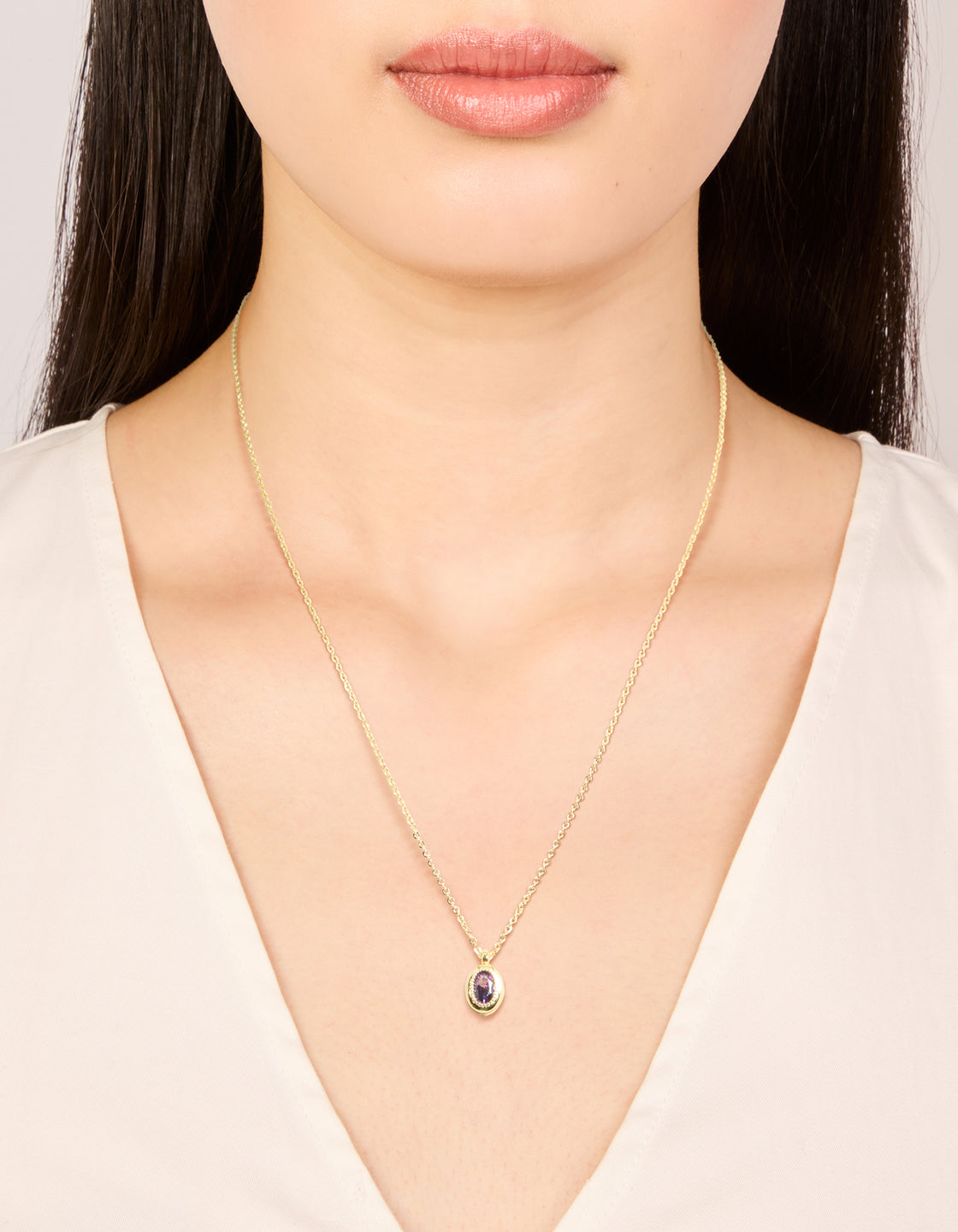 Gold Plated Brass Amethyst Cubic Zirconia February Birthstone Necklace
