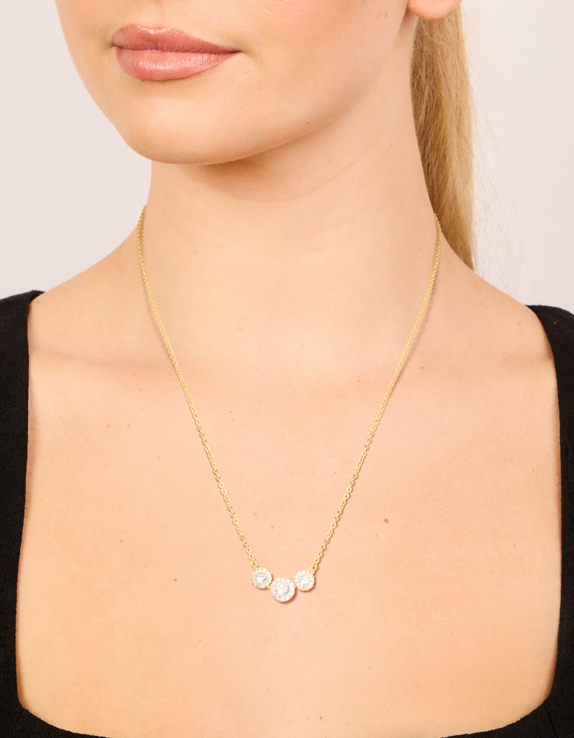 Gold Plated Cubic Zirconia Trio Halo Necklace