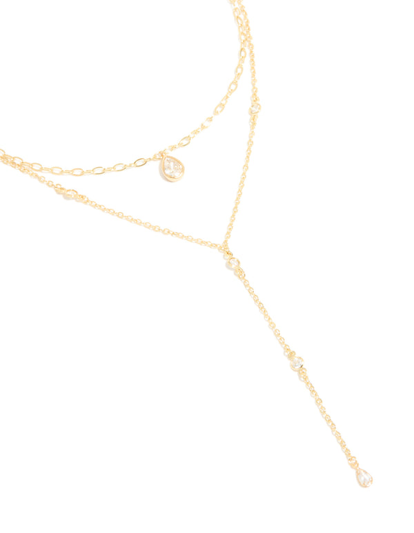 Gold Plated Cubic Zirconia Layered Y-Necklace