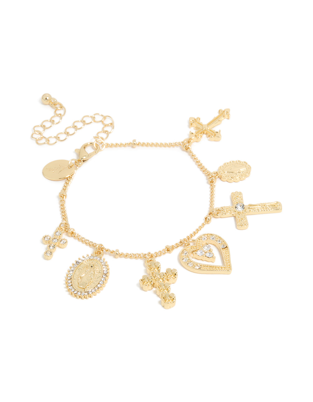 Gold Plated Diamante Large Cross & Heart Charms Bracelet