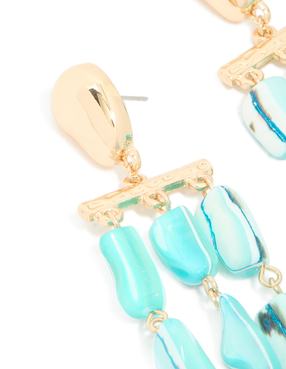 Gold Aqua Marbled Beaded Layered Drop Earrings