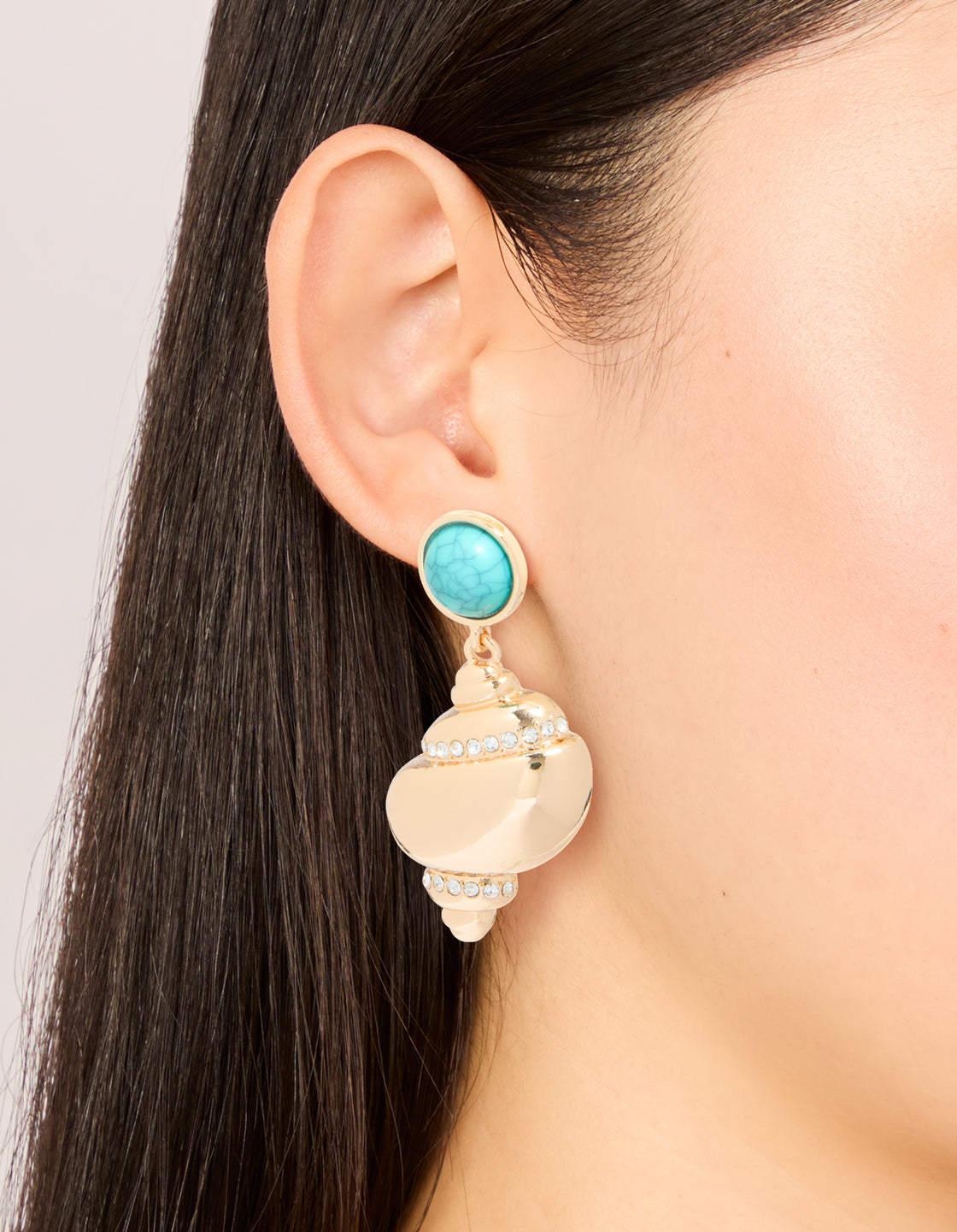 Gold Shell & Turquoise Stone Stud Drop Earrings