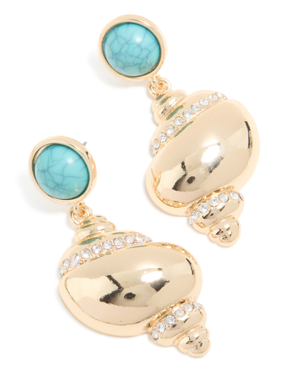 Gold Shell & Turquoise Stone Stud Drop Earrings
