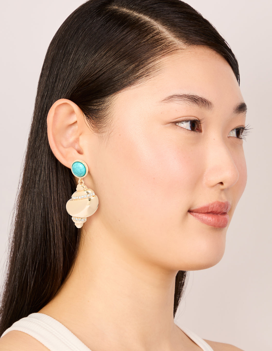 Gold Shell & Turquoise Stone Stud Drop Earrings