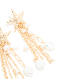 Gold Pearl Star Fish Chain Drop Earrings - link has visual effect only