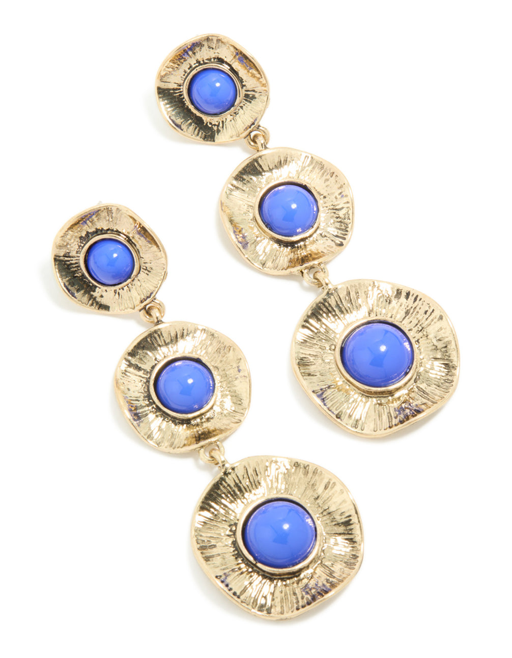 Antique Gold Textured Triple Blue Stone Layered Drop Earrings