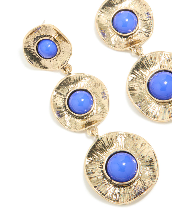 Antique Gold Textured Triple Blue Stone Layered Drop Earrings