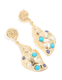 Gold Shell & Blue White Dotted Drop Earrings - link has visual effect only