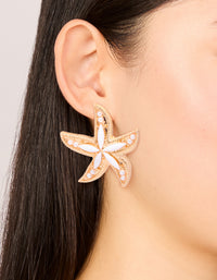 Gold White Acrylic Starfish Medallion Earrings - link has visual effect only