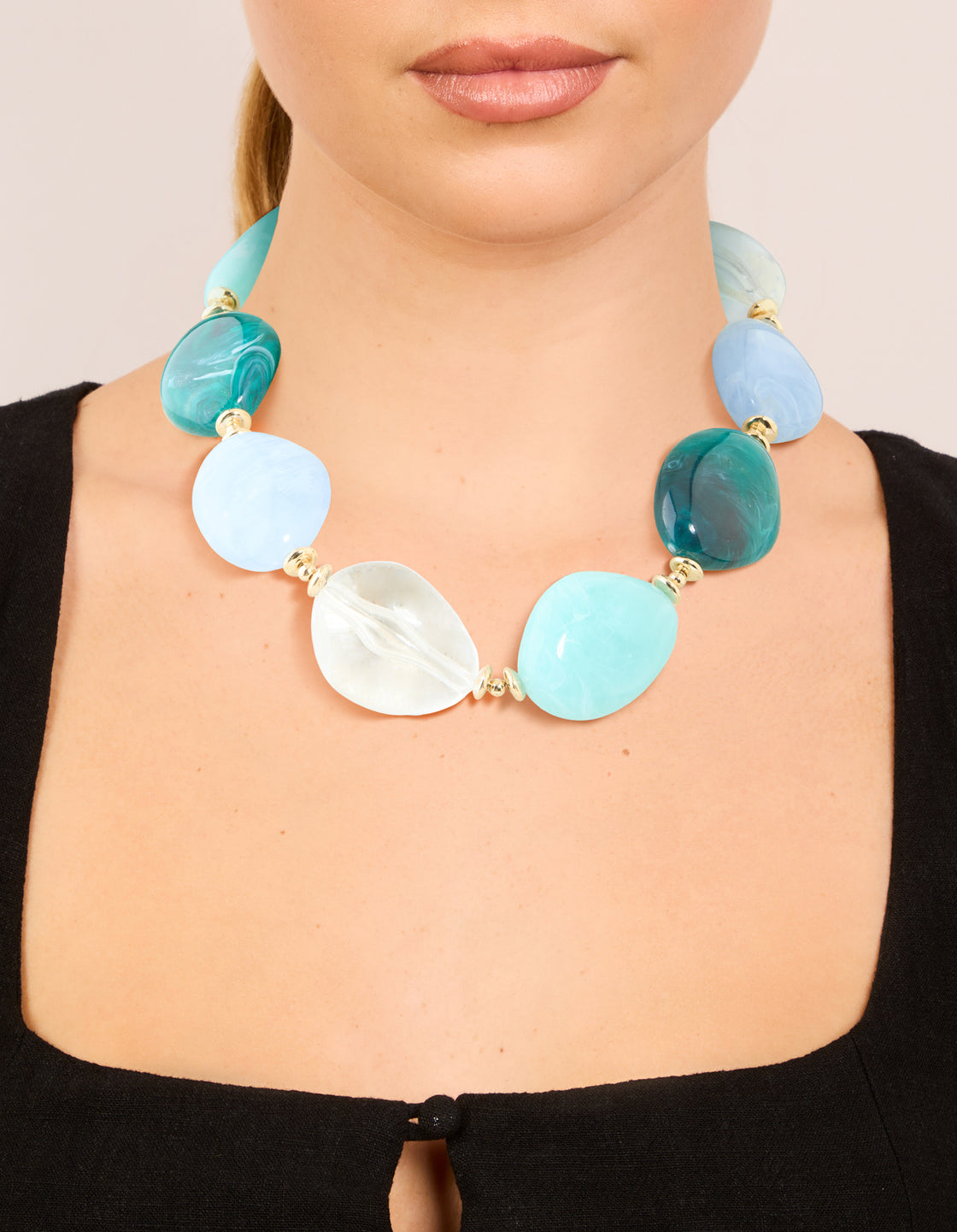 Blue Acrylic Stones Large Gold Link Necklace