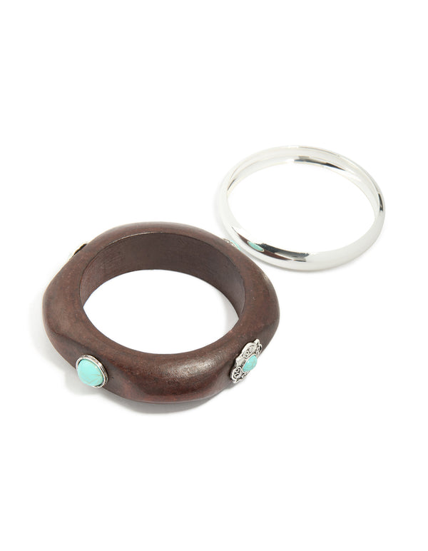 Wooden turquoise Stones Western & Silver Bangle 2-Pack