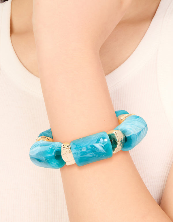 Aqua Acrylic & Gold Chunky Stretch Bracelet