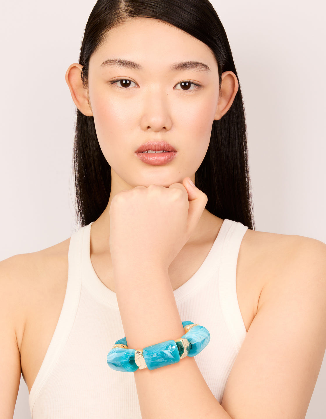 Aqua Acrylic & Gold Chunky Stretch Bracelet