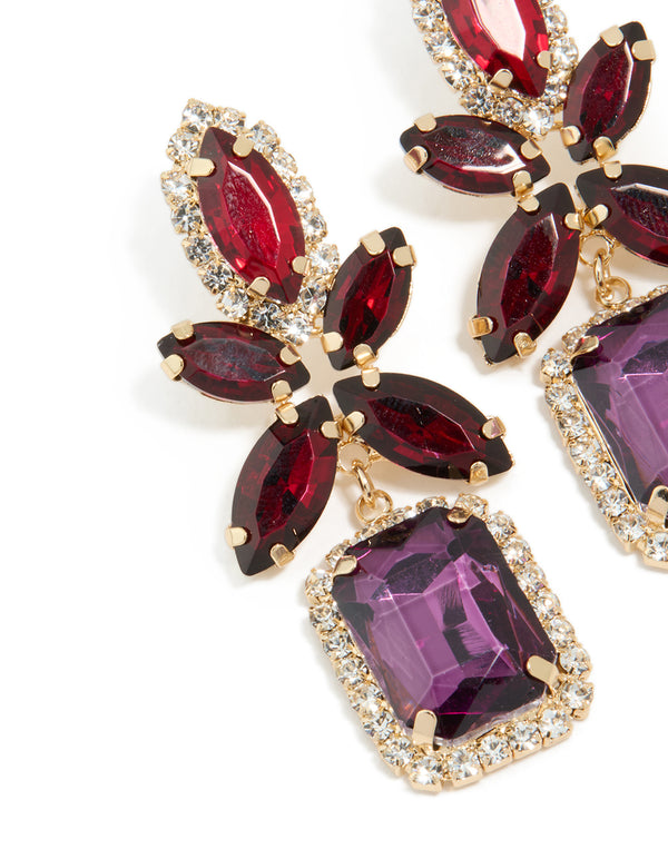 Close-up of gold red and purple diamante flower square drop earrings close up view