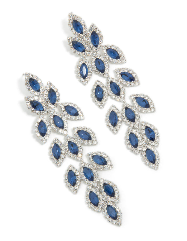 Silver Blue Diamantes Gleaming Pears Drop Earrings