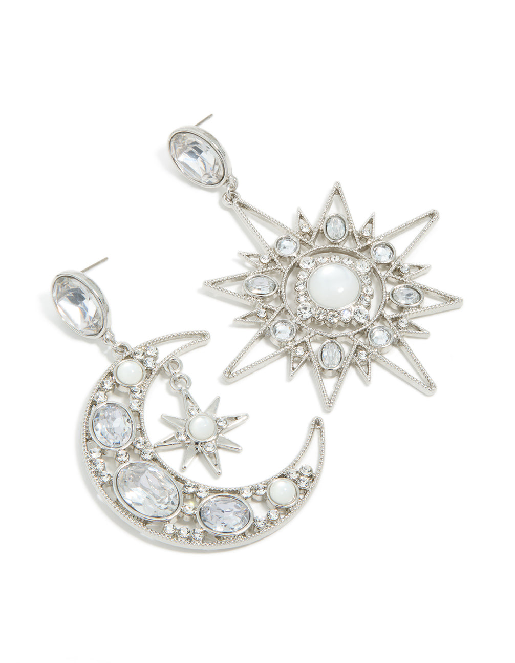 Elegant statement silver diamante star and moon earrings featuring celestial design with stud closure front view
