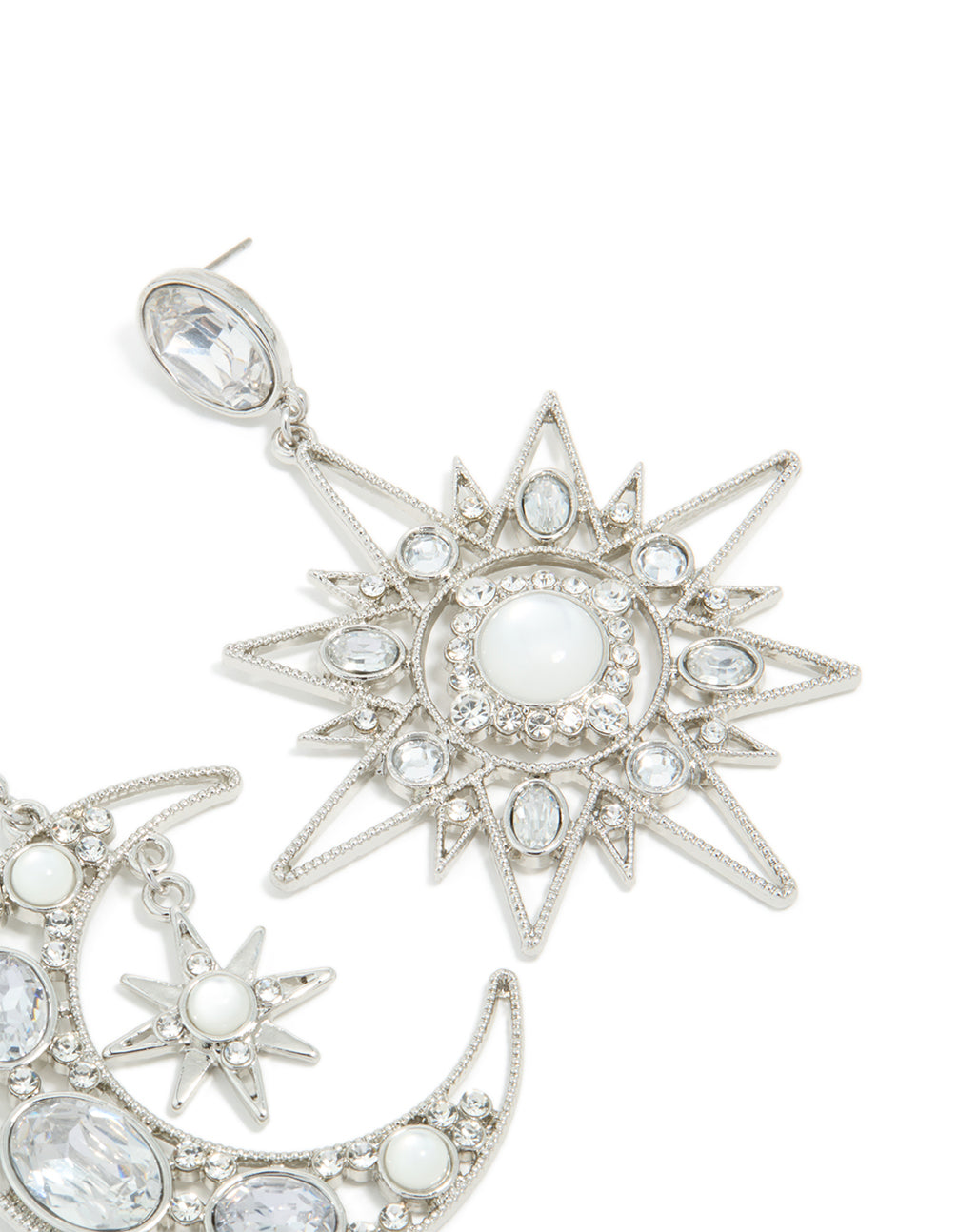 Beautifully detailed statement silver diamante star and moon earrings with celestial design and stud closure post detail view