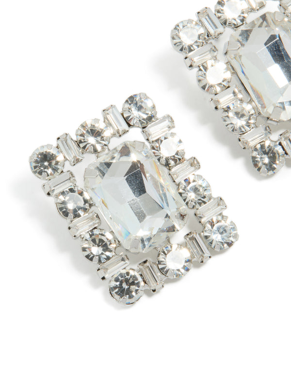 Silver Diamante Fancy Square Stud Earrings