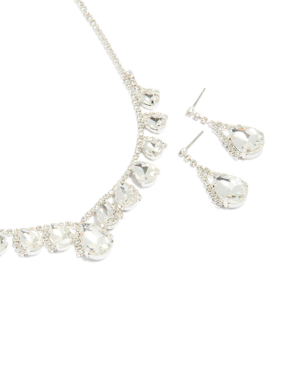Silver Multi Diamante Necklace & Drop Earrings Set