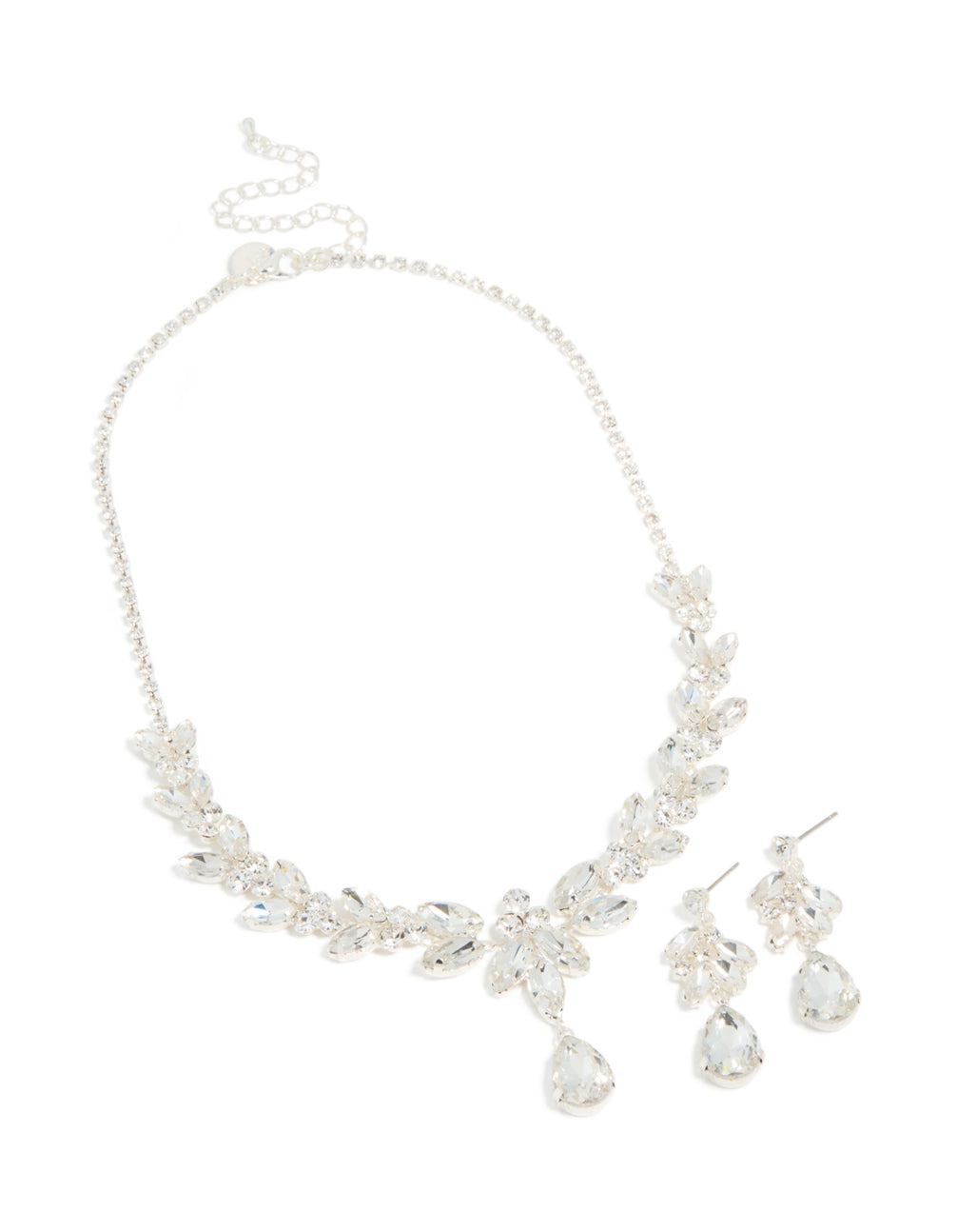 Silver Diamante Shiny Floral Necklace & Drop Earrings Set