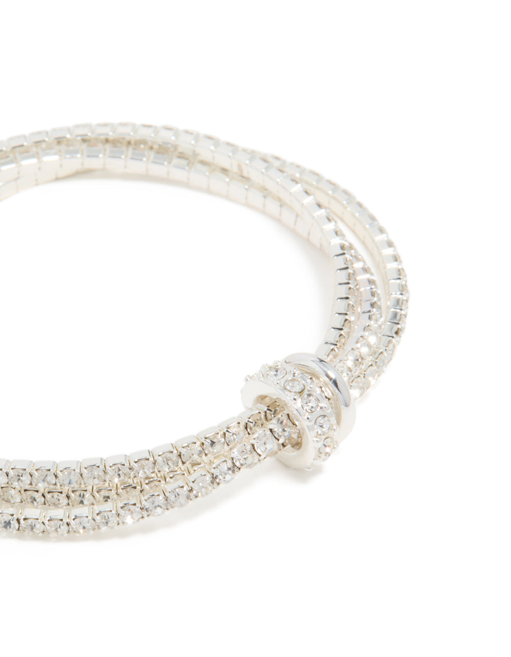 Presenting a silver diamante simple loop stretch bracelet in close up view