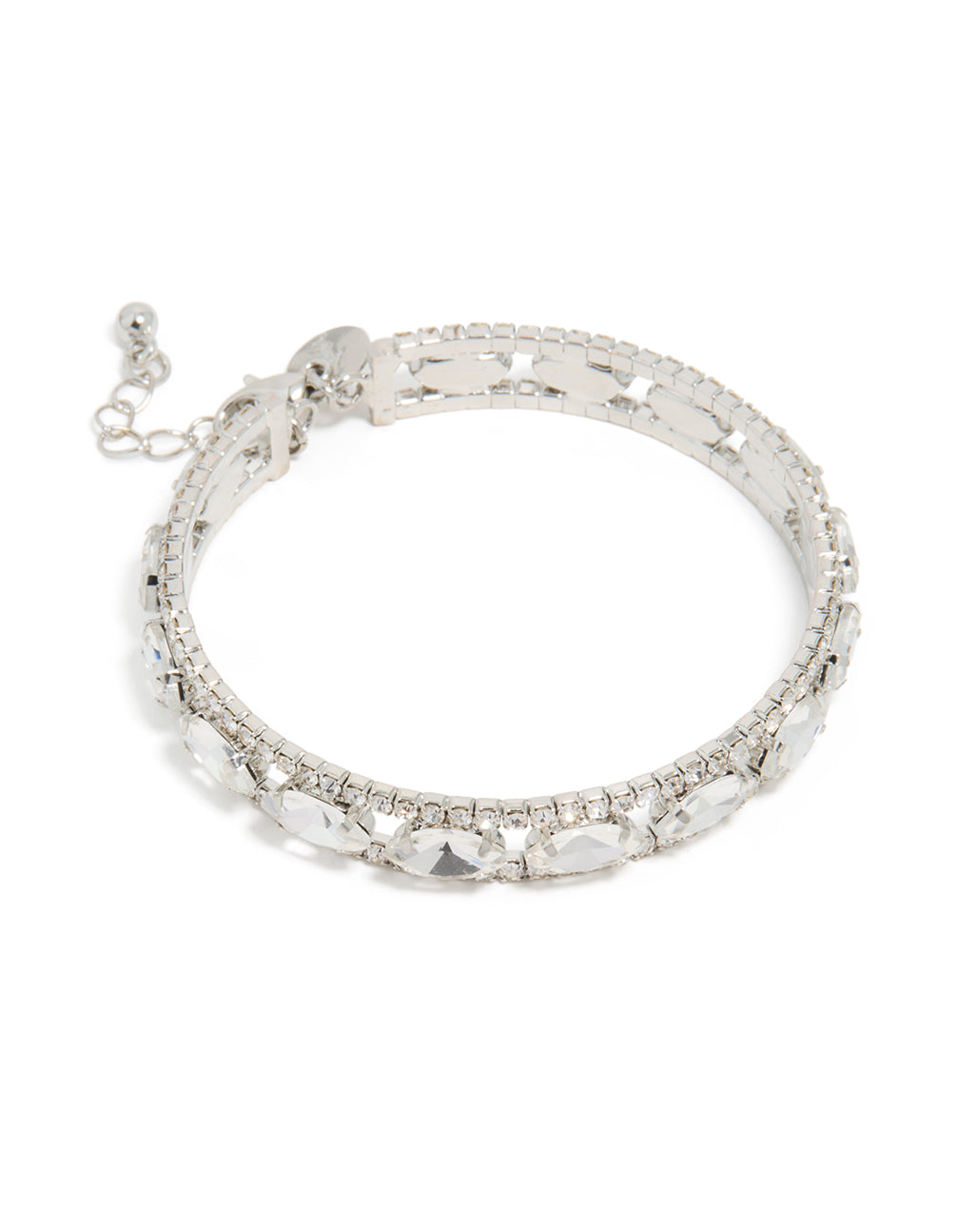Elegant silver diamante shiny bracelet with oval stone cut in front view