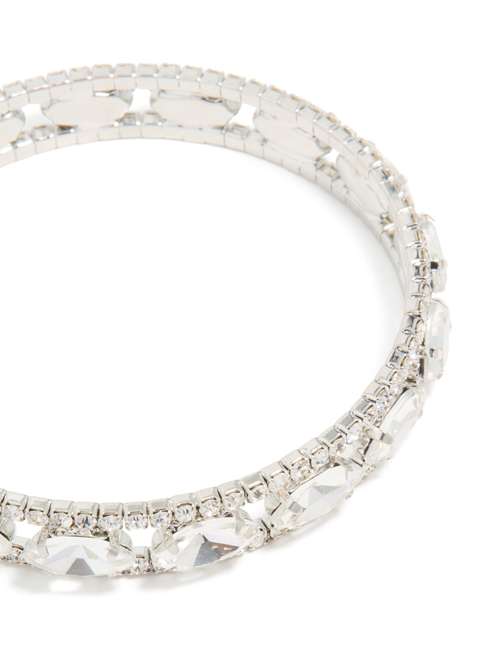 Featuring a silver diamante shiny bracelet with oval stone cut in close up view