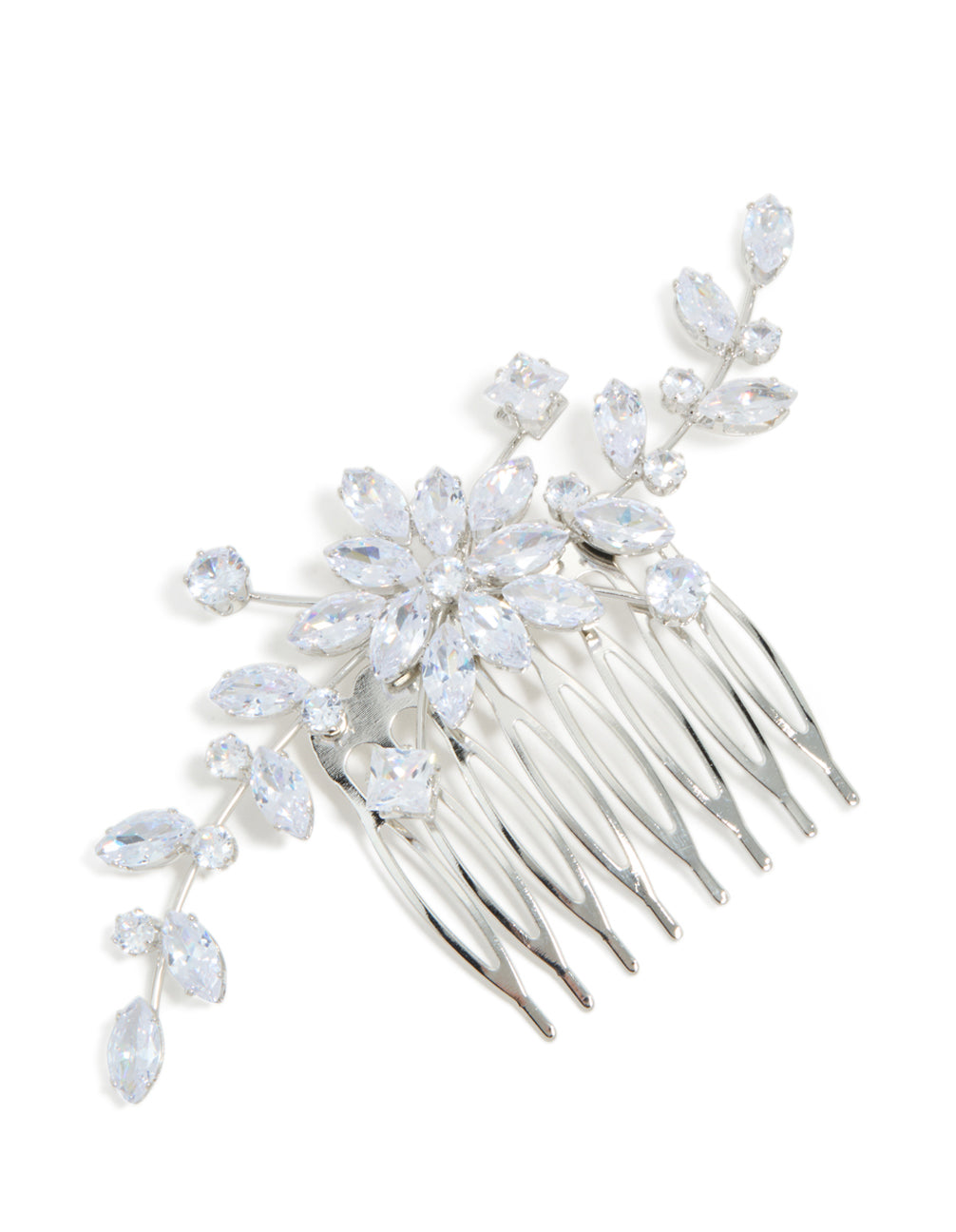 Discover this stunning silver diamante floral statement hair comb accents front view