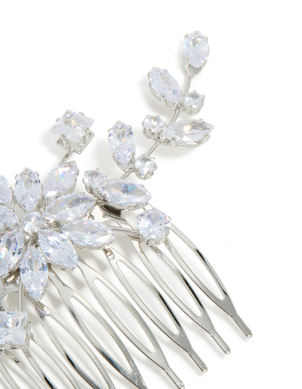 Silver Diamante Floral Statement Hair Comb